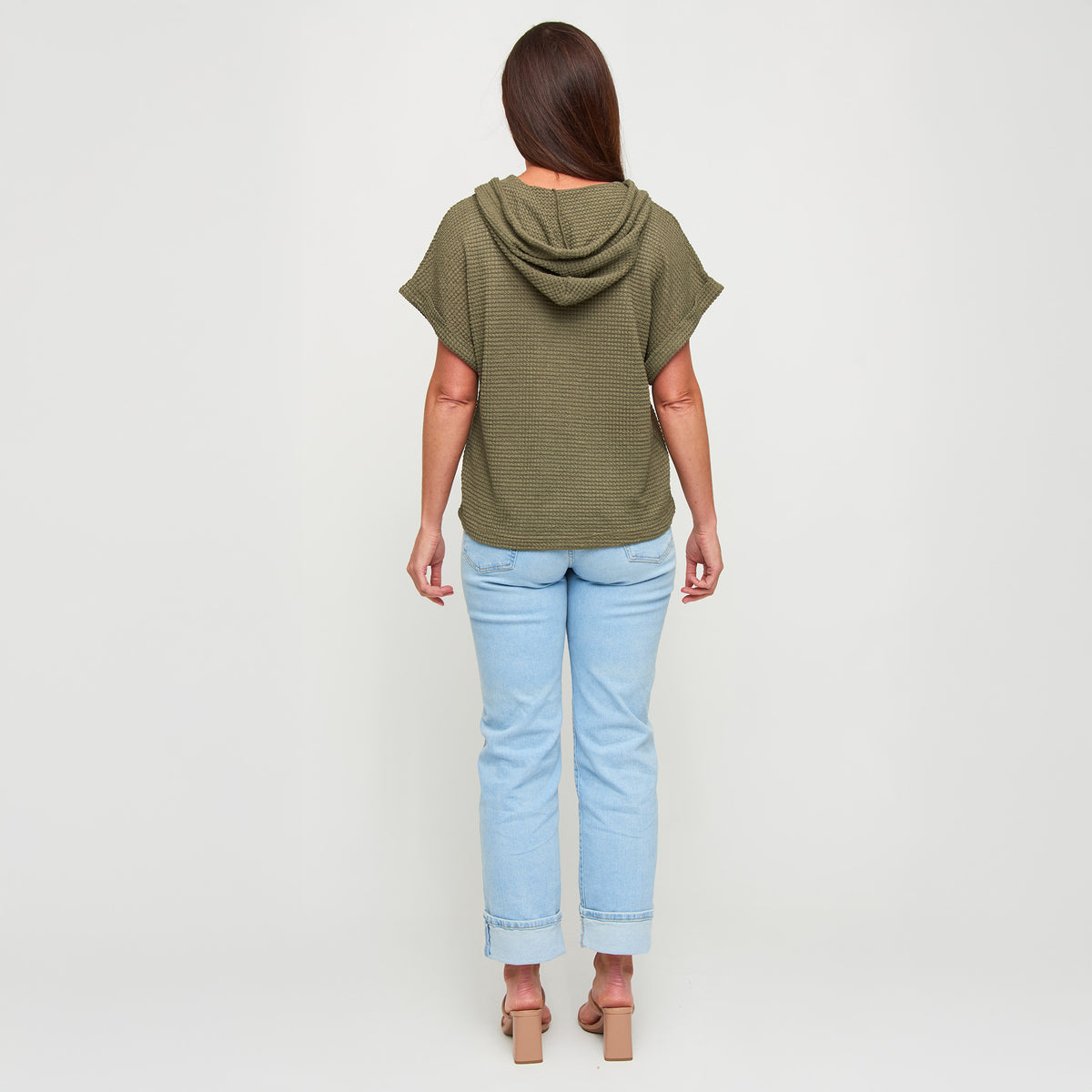 Hoodie Top Carlie Waffle Knit Short Sleeve Shirt with Hood