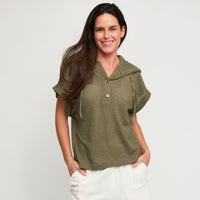 Hoodie Top Carlie Waffle Knit Short Sleeve Shirt with Hood