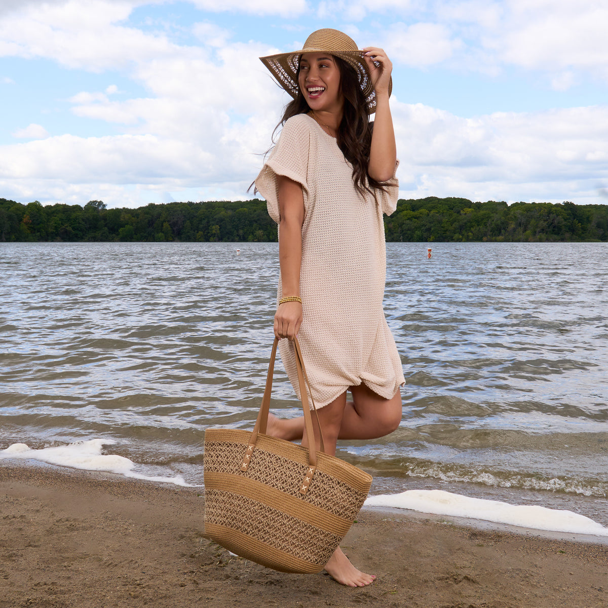 Tote Bag Katen Two Tone Woven Zipper Beach Bag 21"x12"