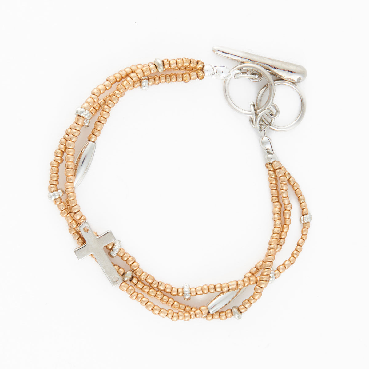 Cross Bracelet Multi Row Beaded Toggle Hammered Texture