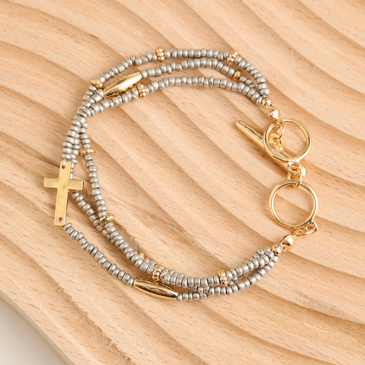 Cross Bracelet Multi Row Beaded Toggle Hammered Texture
