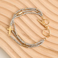 Cross Bracelet Multi Row Beaded Toggle Hammered Texture