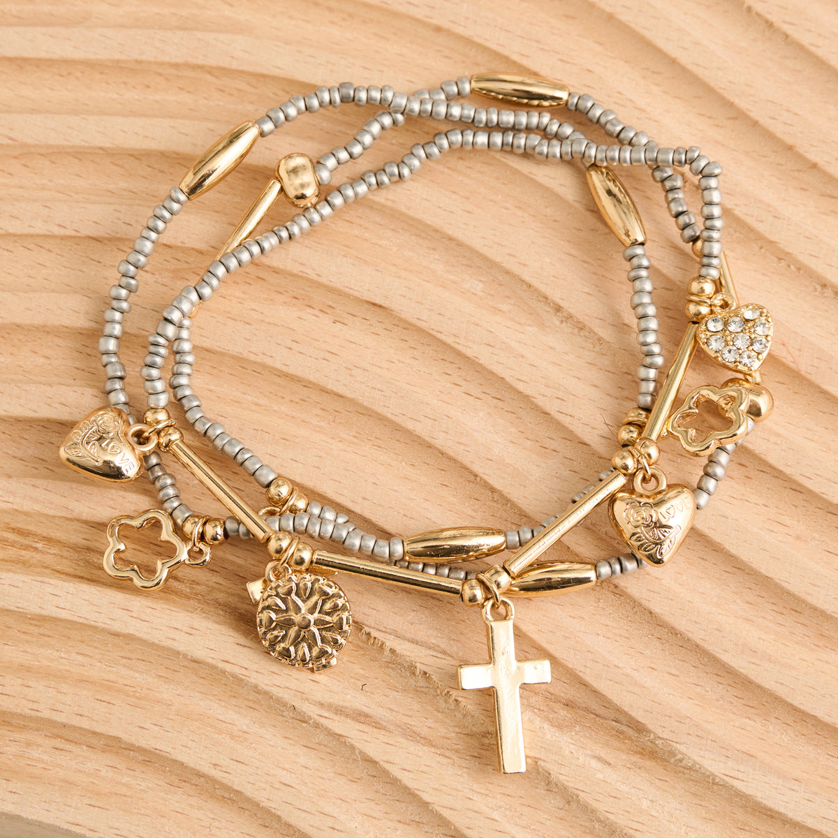 Charm Bracelet Trio Set Stretch Seed Bead Inspirational