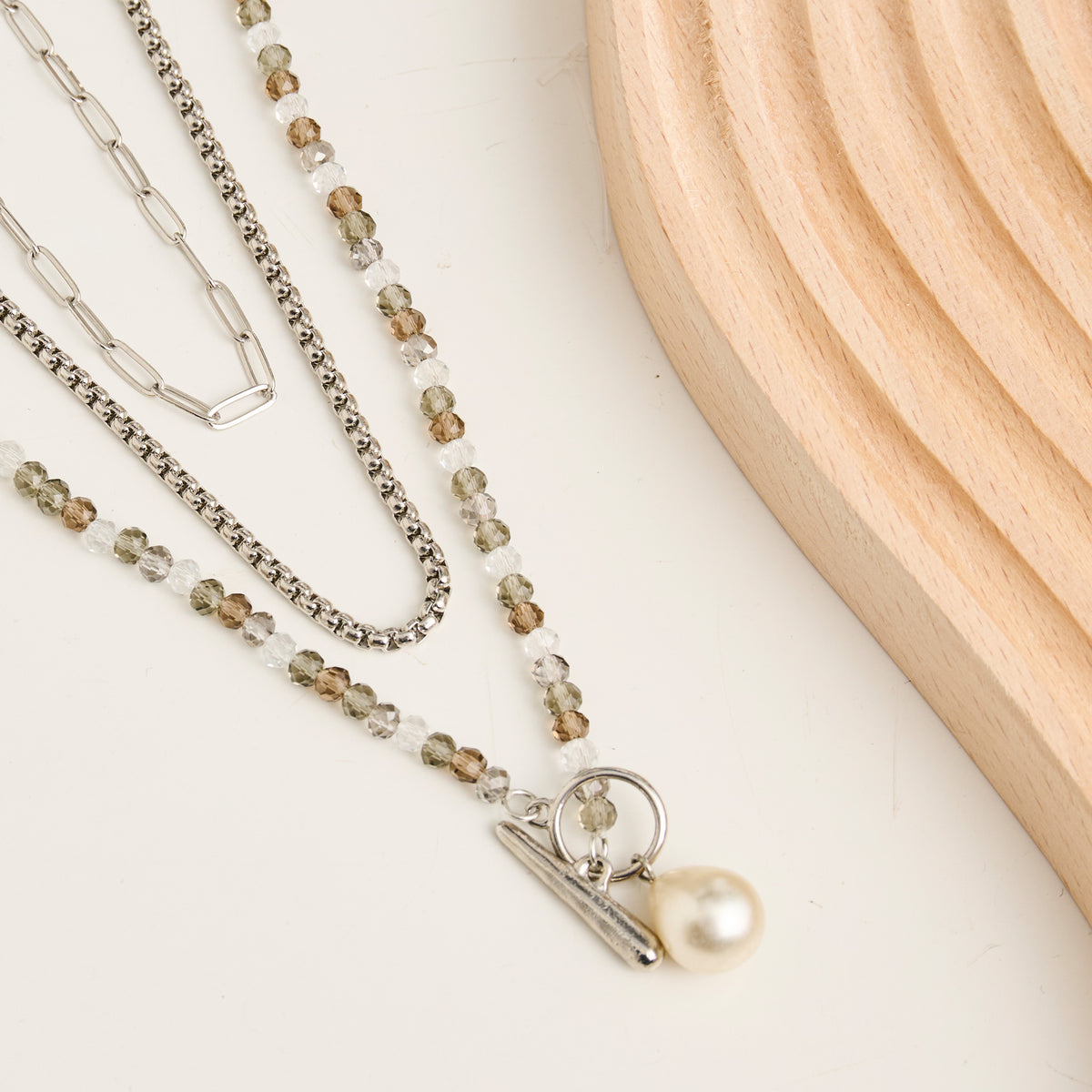 Multi Row Necklace 15" Silver Faux Pearl Toggle Pendant