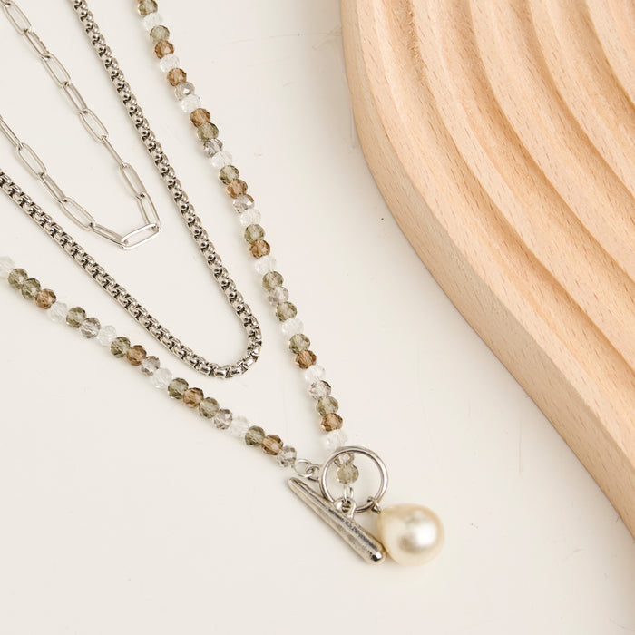 Multi Row Necklace 15" Silver Faux Pearl Toggle Pendant