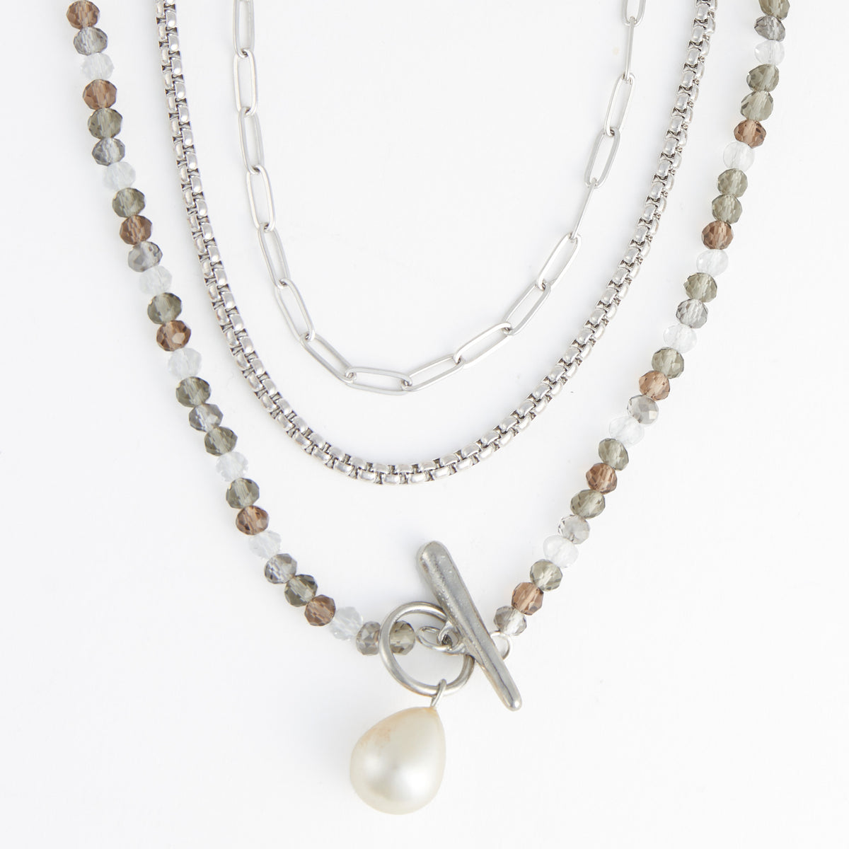 Multi Row Necklace 15" Silver Faux Pearl Toggle Pendant
