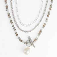 Multi Row Necklace 15" Silver Faux Pearl Toggle Pendant