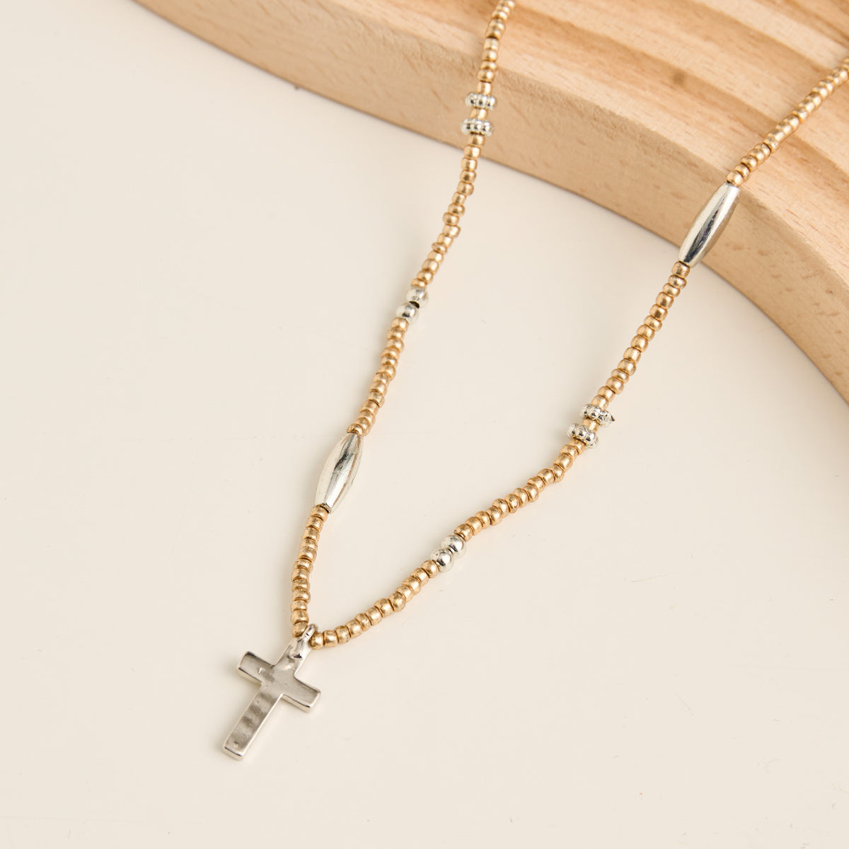 Cross Necklace 15" Seed Beaded Inspirational Pendant Amber