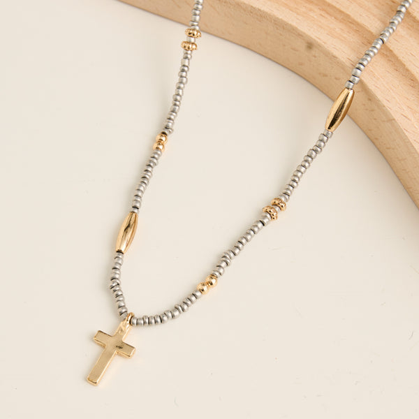 Cross Necklace 15" Seed Beaded Inspirational Pendant Amber