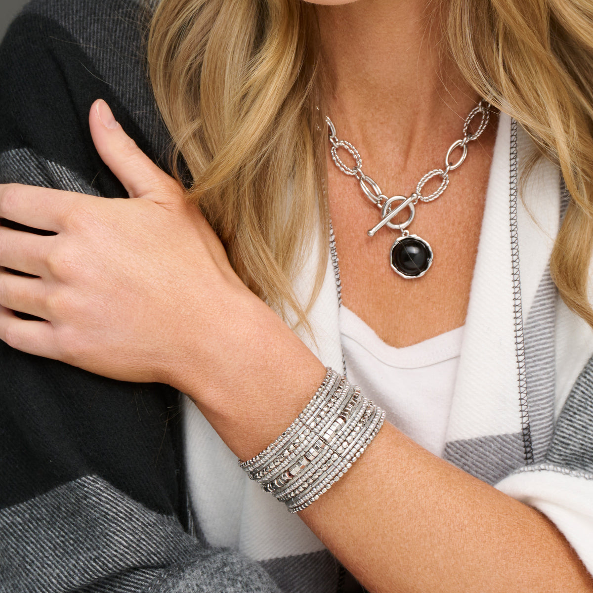 Beaded Bracelet Bria Cuff Silver Multi Strand Statement