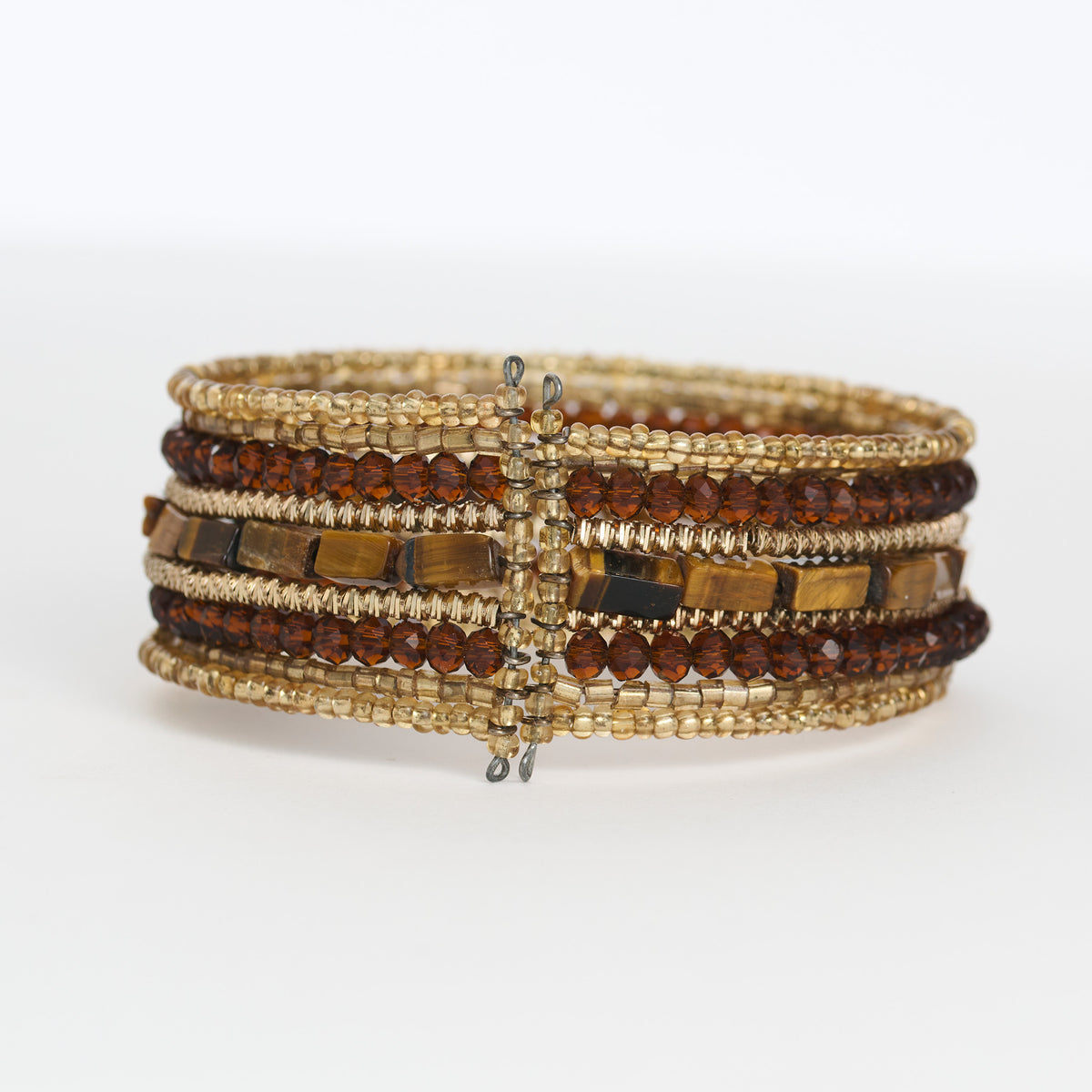 Glass Bead Bela Bracelet Cuff Multi Strand Statement Gold