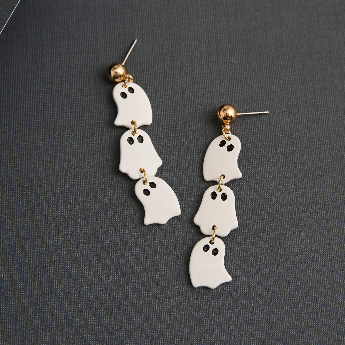 Halloween Earrings Stacked Ghost Drop Gold Stud
