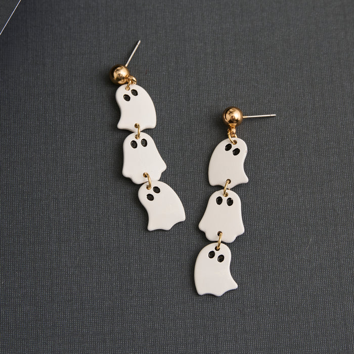 Halloween Earrings Stacked Ghost Drop Gold Stud