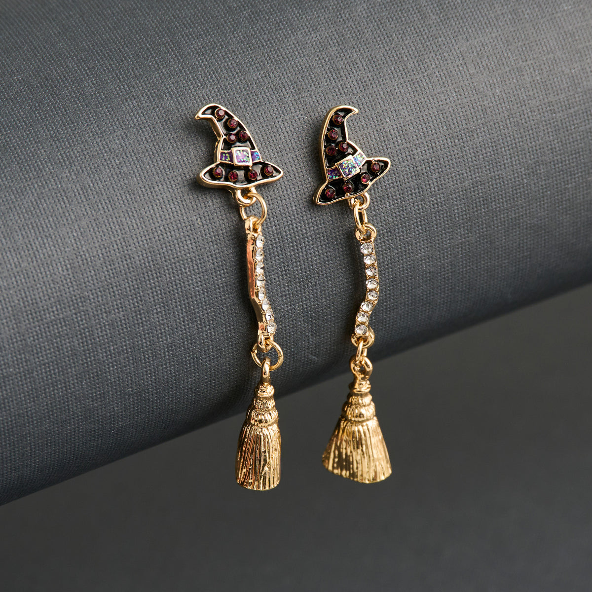 Halloween Earrings Witch Hat Broom Drop Statement