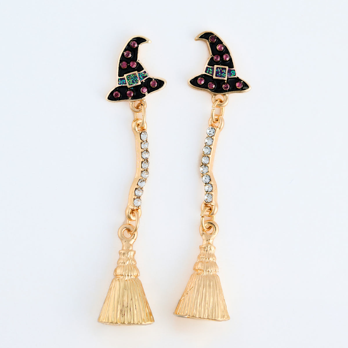 Halloween Earrings Witch Hat Broom Drop Statement