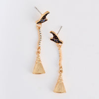 Halloween Earrings Witch Hat Broom Drop Statement