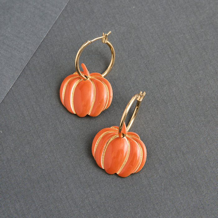 Halloween Earrings Pumpkin Gold Hoop Festive Drop