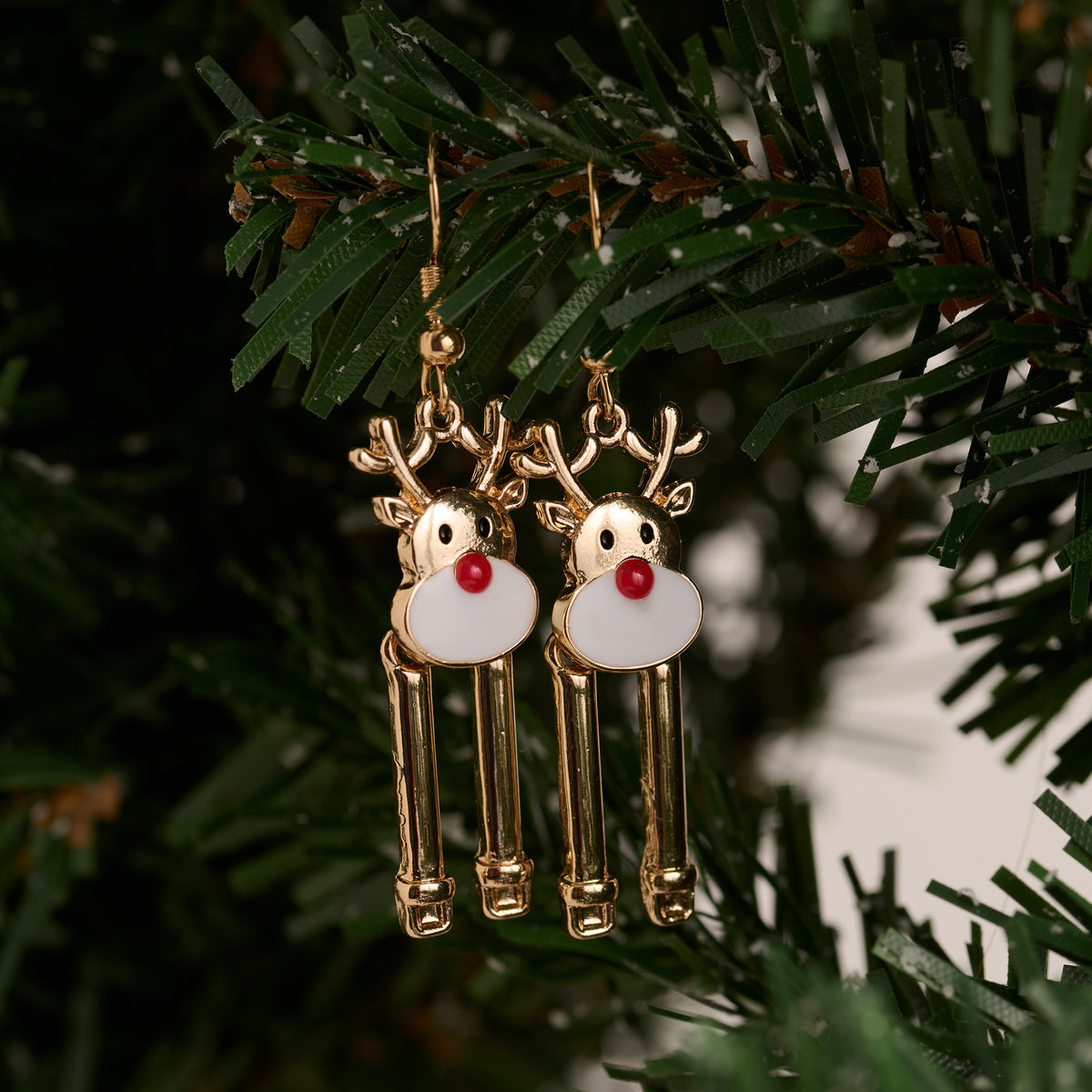 Christmas Reindeer Earrings Gold Holiday Fishhook Drop