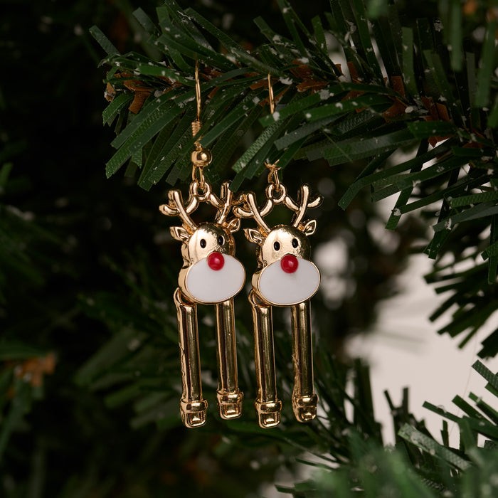 Christmas Reindeer Earrings Gold Holiday Fishhook Drop