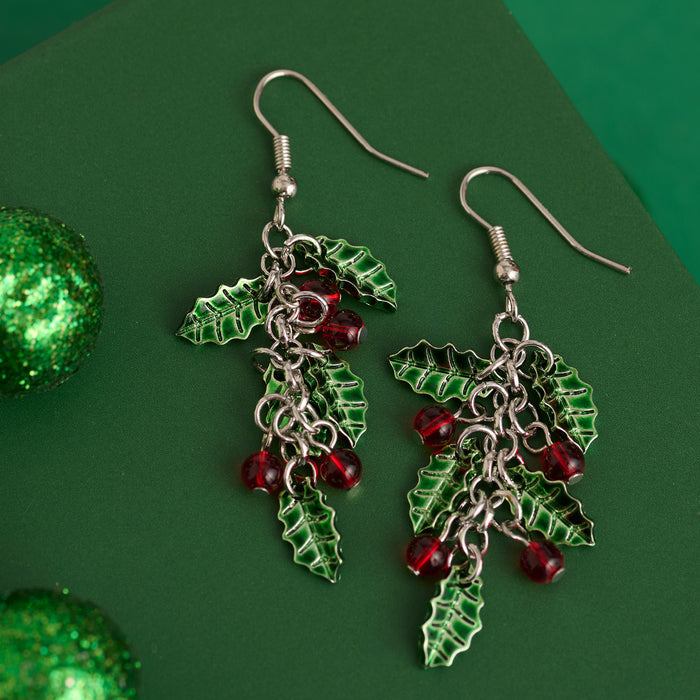 Christmas Poinsettia Earrings Silver Holiday Fishhook Drop
