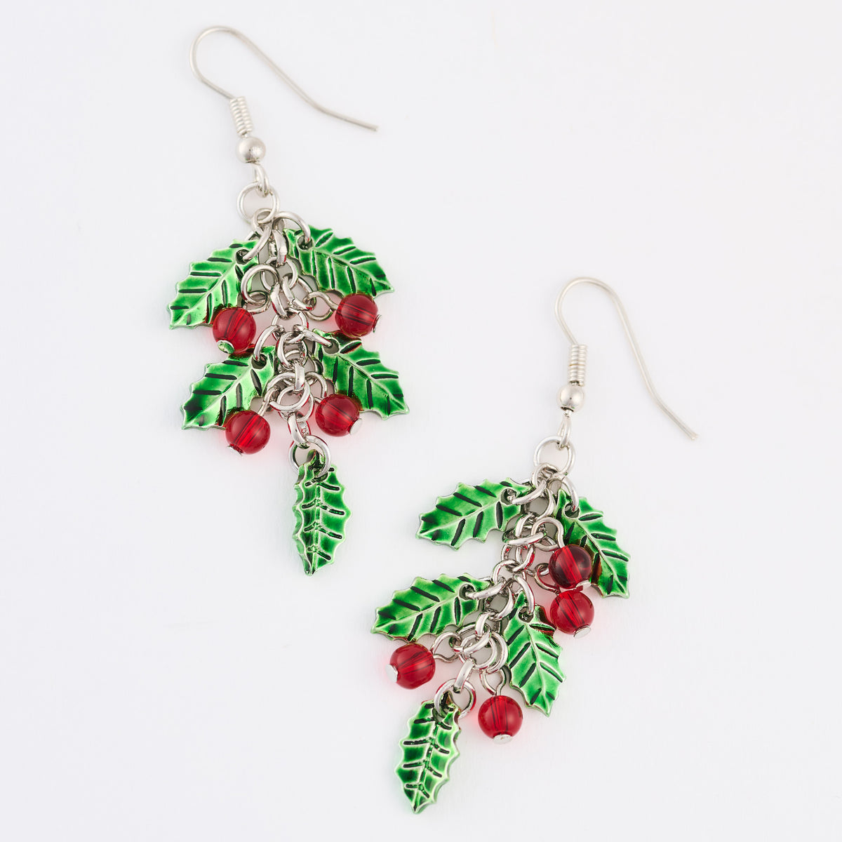 Christmas Poinsettia Earrings Silver Holiday Fishhook Drop