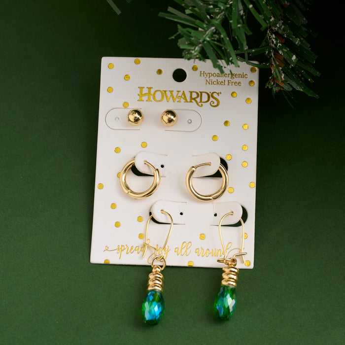 Christmas Light Earring Trio Holiday Gold Stud Hoop Set