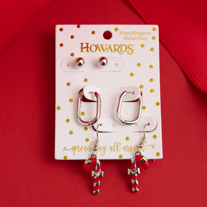 Candy Cane Earring Trio Christmas Silver Stud Hoop Set