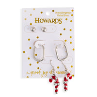 Candy Cane Earring Trio Christmas Silver Stud Hoop Set