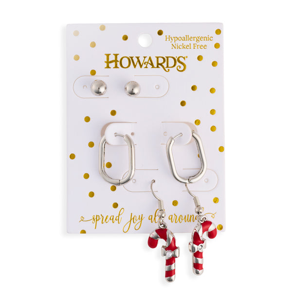 Candy Cane Earring Trio Christmas Silver Stud Hoop Set