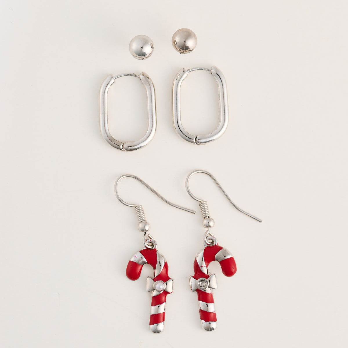 Candy Cane Earring Trio Christmas Silver Stud Hoop Set