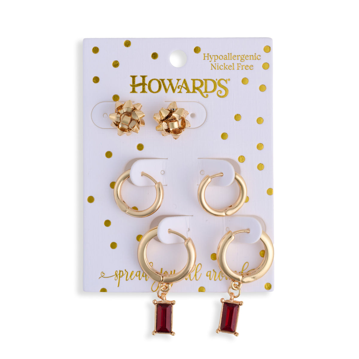 Christmas Present Earring Trio Gold Bow Hoop Gem Set