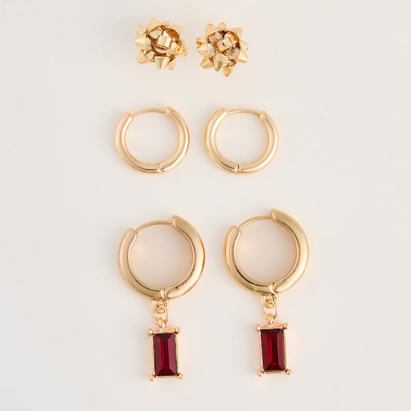 Christmas Present Earring Trio Gold Bow Hoop Gem Set