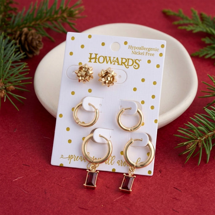Christmas Present Earring Trio Gold Bow Hoop Gem Set