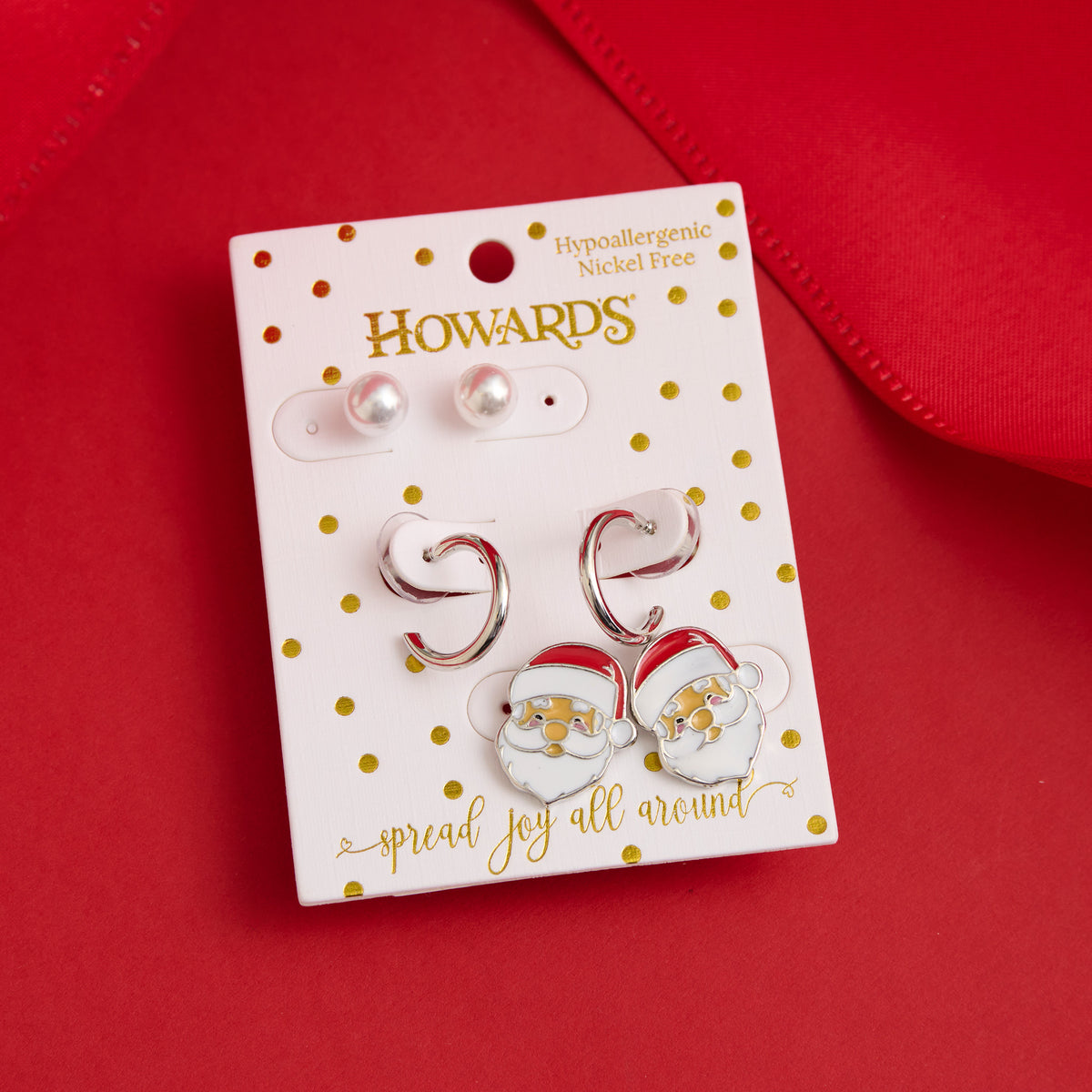 Christmas Santa Earring Trio Pearl Silver Hoop Set
