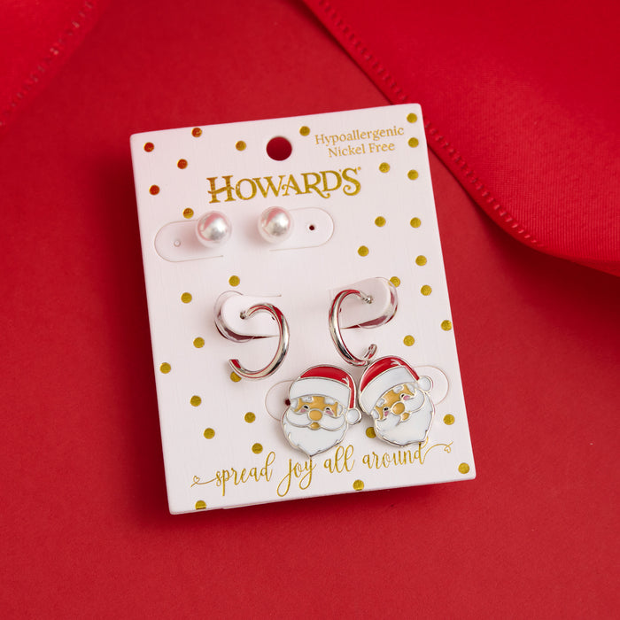 Christmas Santa Earring Trio Pearl Silver Hoop Set