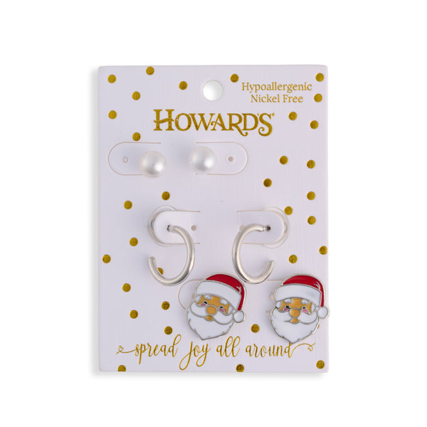 Christmas Santa Earring Trio Pearl Silver Hoop Set
