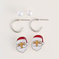 Christmas Santa Earring Trio Pearl Silver Hoop Set