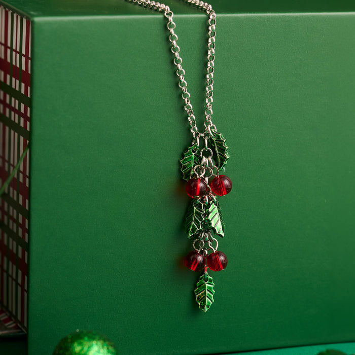 Christmas Necklace 20" Poinsettia Pendant Silver Holiday Charm