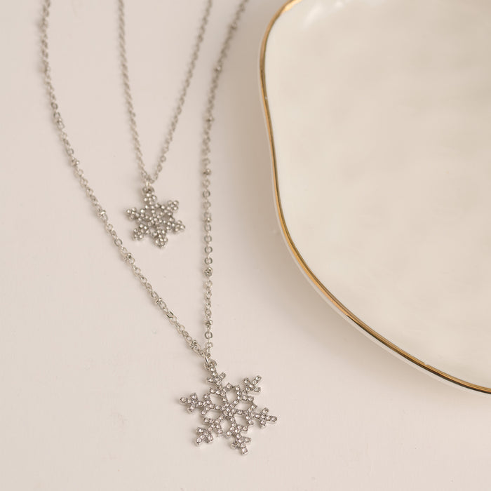 Christmas Necklace 18" Double Row Snowflake Layered Pendant