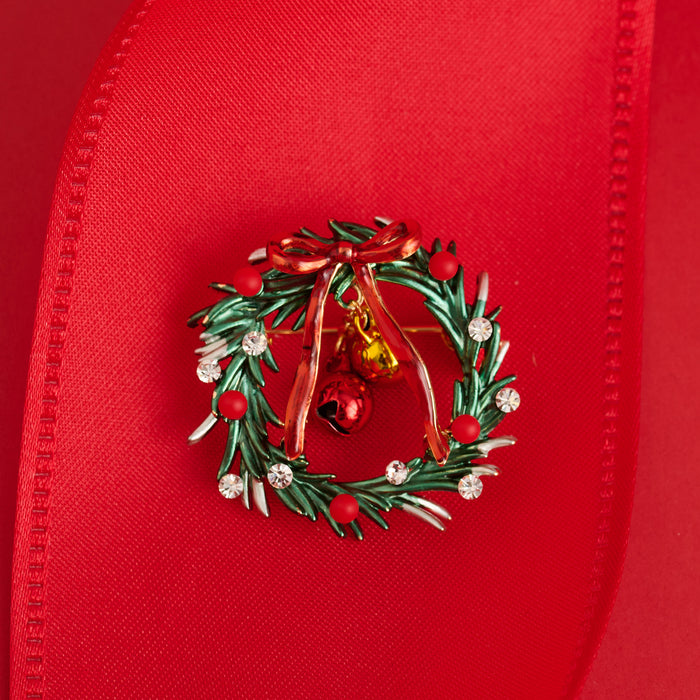 Christmas Wreath Brooch Holiday Bow Bell Pin