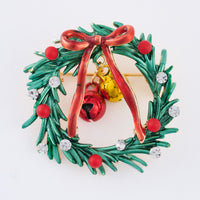 Christmas Wreath Brooch Holiday Bow Bell Pin