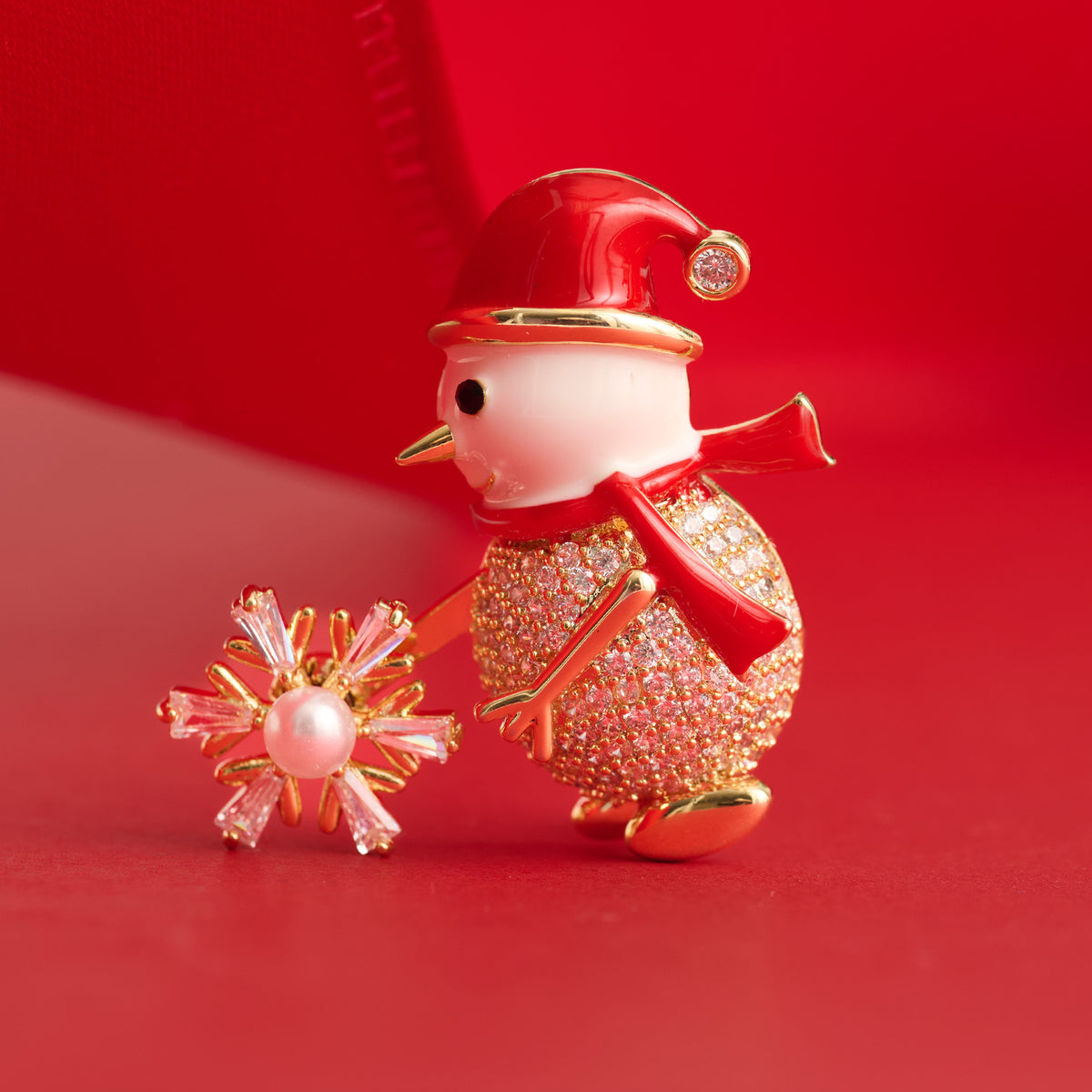 Christmas Snowman Brooch Spinning Snowflake CZ Pin