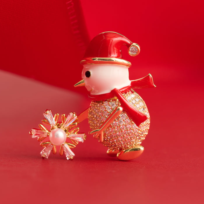 Christmas Snowman Brooch Spinning Snowflake CZ Pin