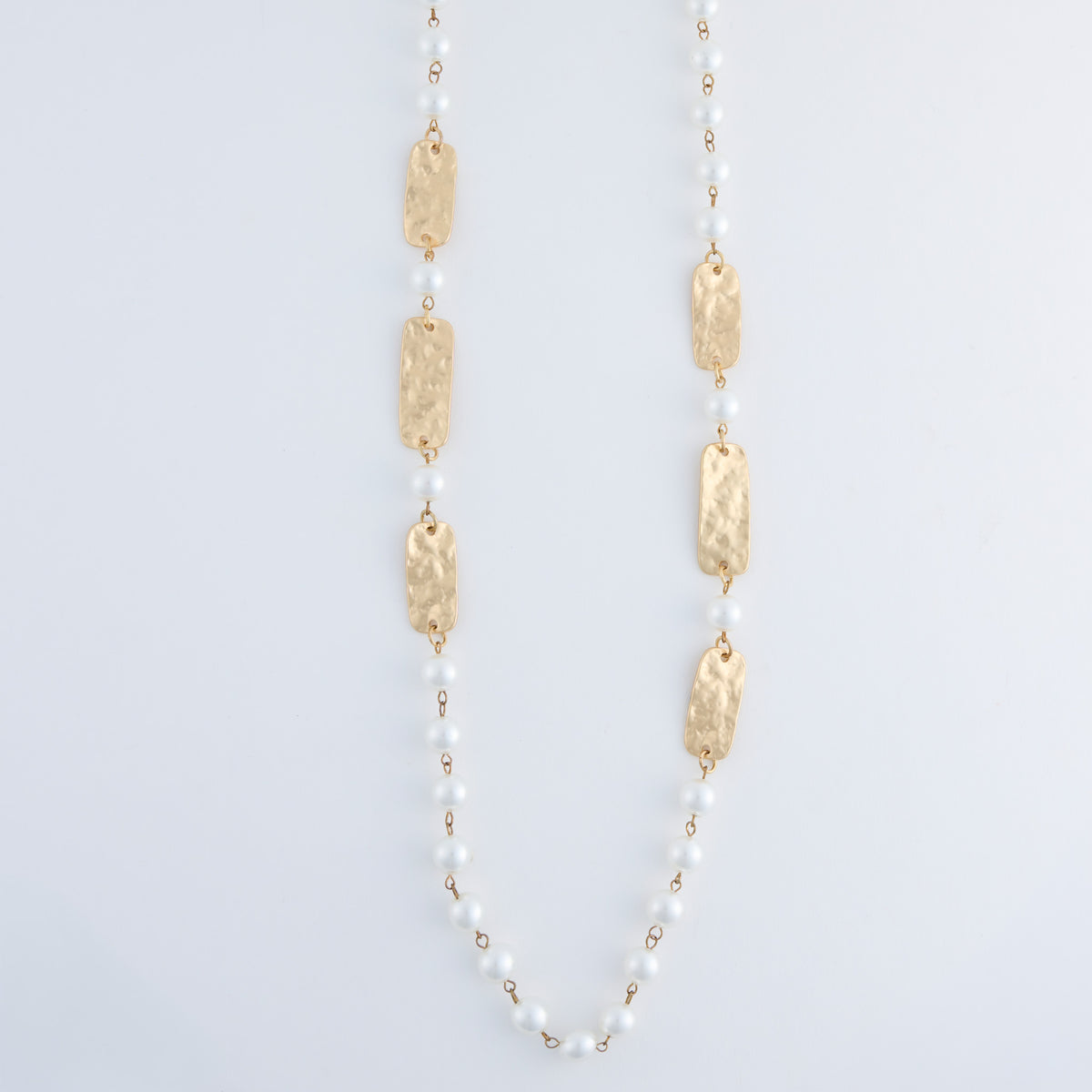 Pearl Necklace 38" Hammered Metal Long Alessandra Necklace