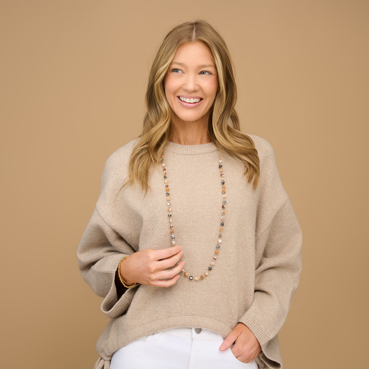 Beaded Long Necklace 38" Lucie Neutral Stone Chain