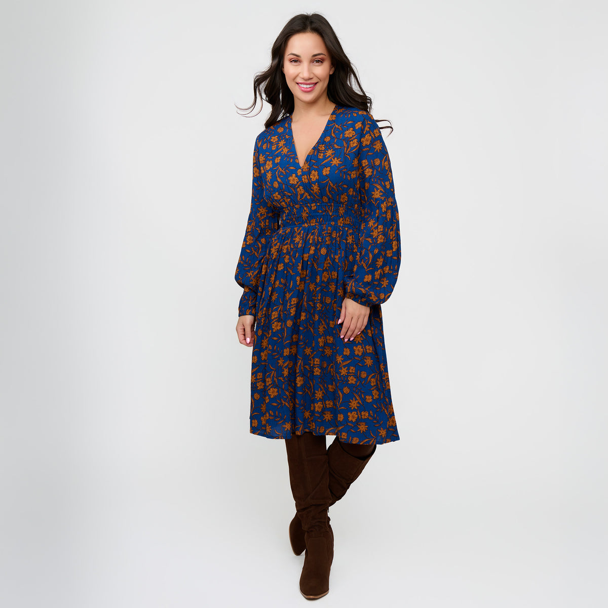 Midi Dress Empire Waist Long Sleeve V-Neck Leana Dress