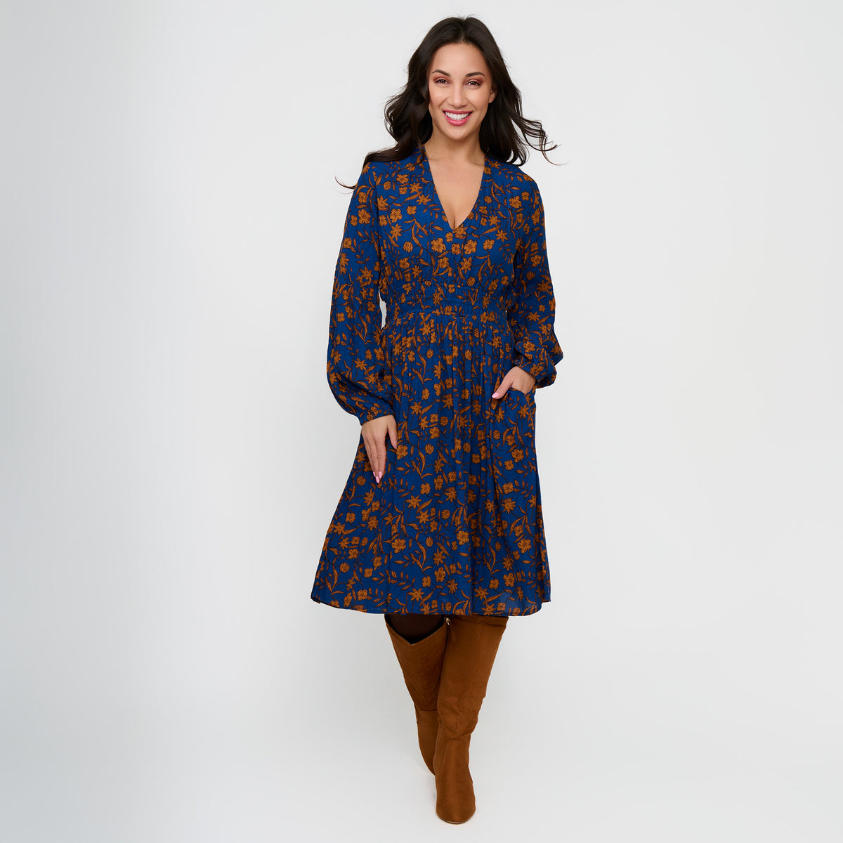 Midi Dress Empire Waist Long Sleeve V-Neck Leana Dress