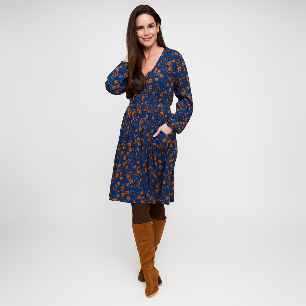 Midi Dress Empire Waist Long Sleeve V-Neck Leana Dress