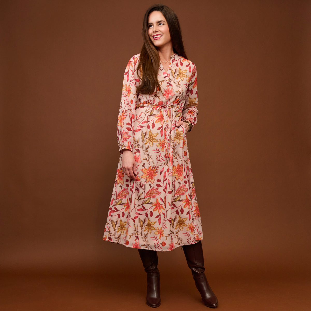 Midi Dress Tie Waist V-Neck Long Sleeve Celeste Dress