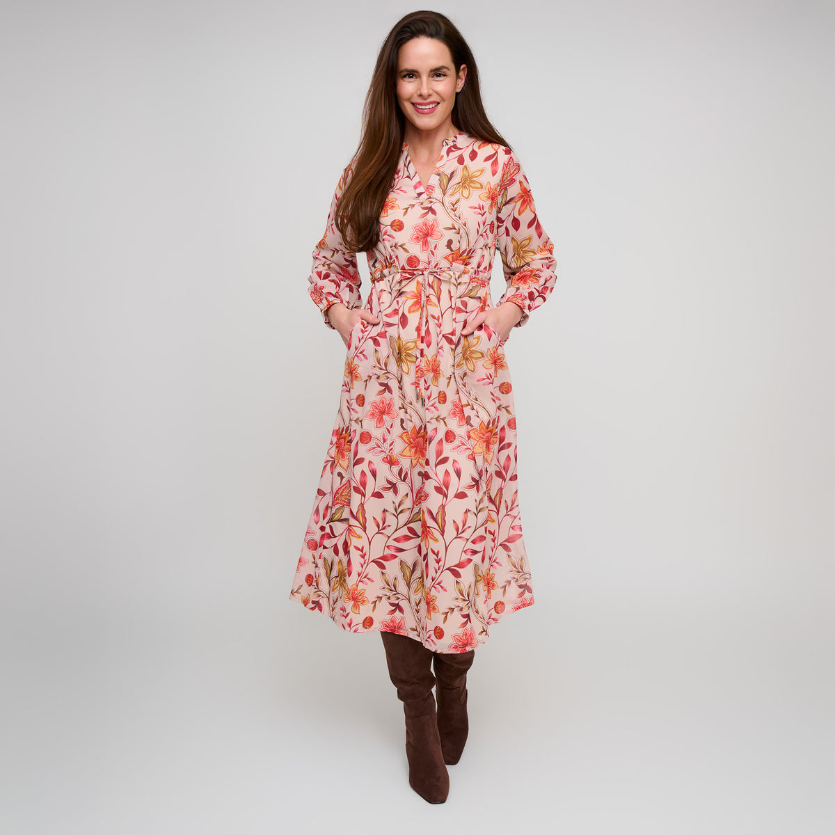 Midi Dress Tie Waist V-Neck Long Sleeve Celeste Dress